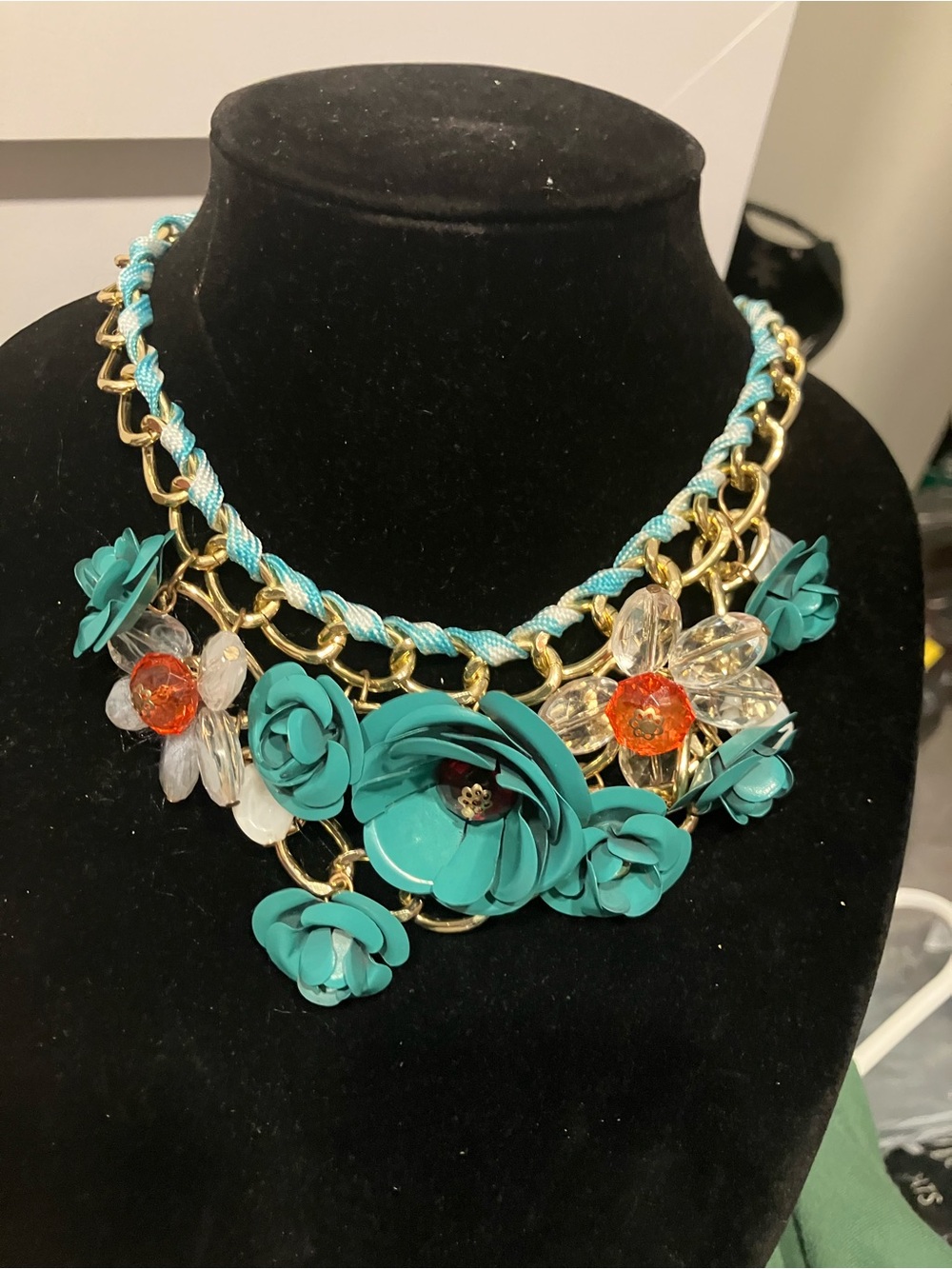 Teal Flower Statement Necklace - Gold Chain